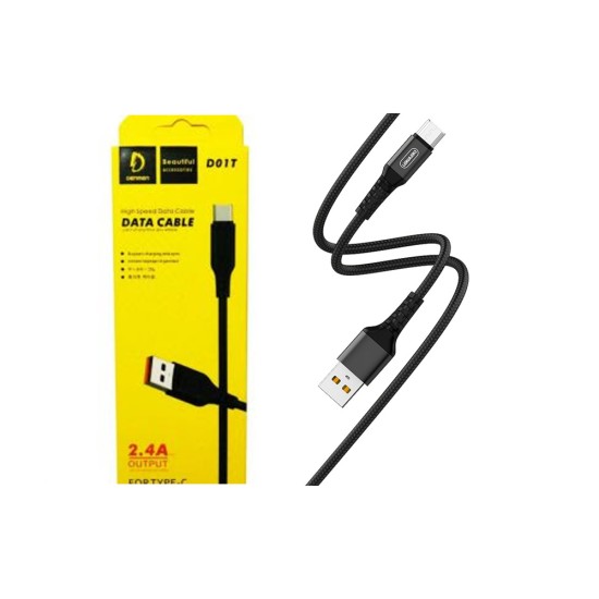 DENMEN FAST CHARGING CABLE D01T TYPE C 2.4A BLACK